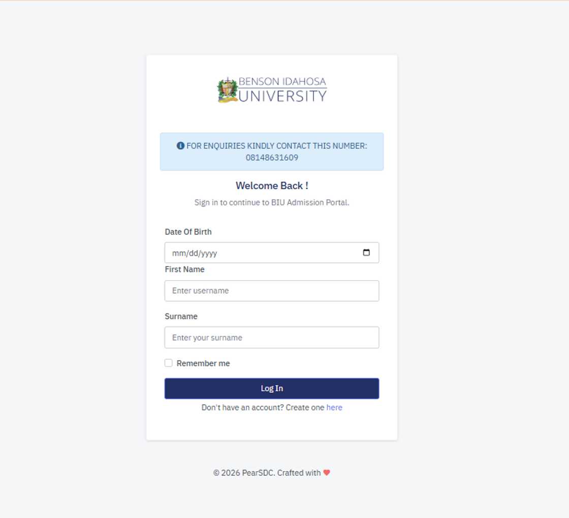 Benson Idahosa University admission portal homepage