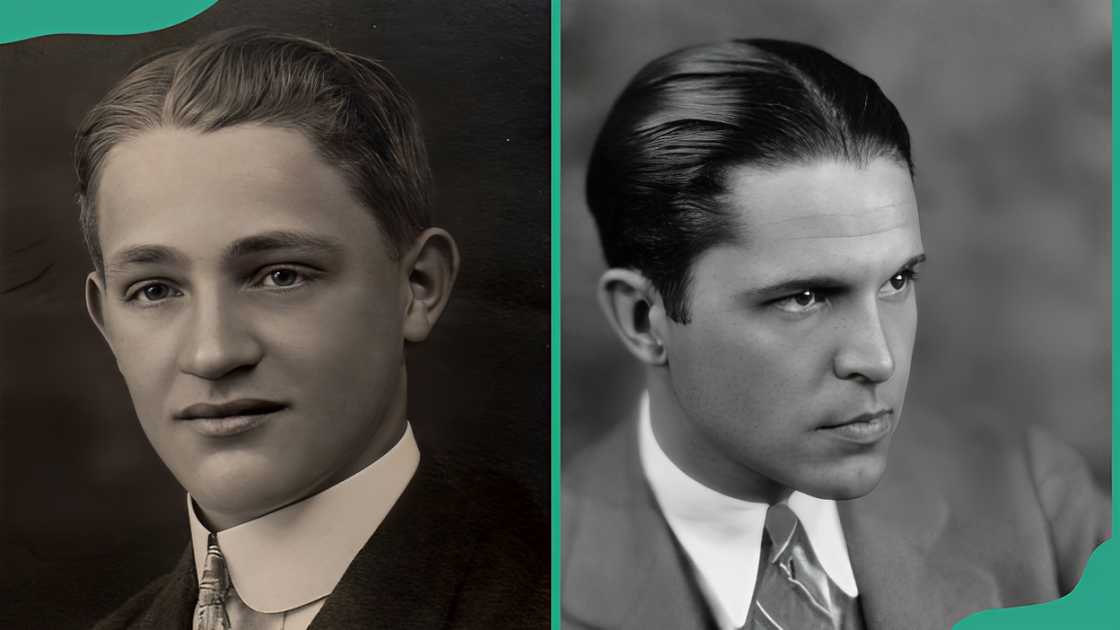 Two men displaying the 1920s middle parted slicked back hairstyle Two men displaying the 1920s middle parted slicked back hairstyle