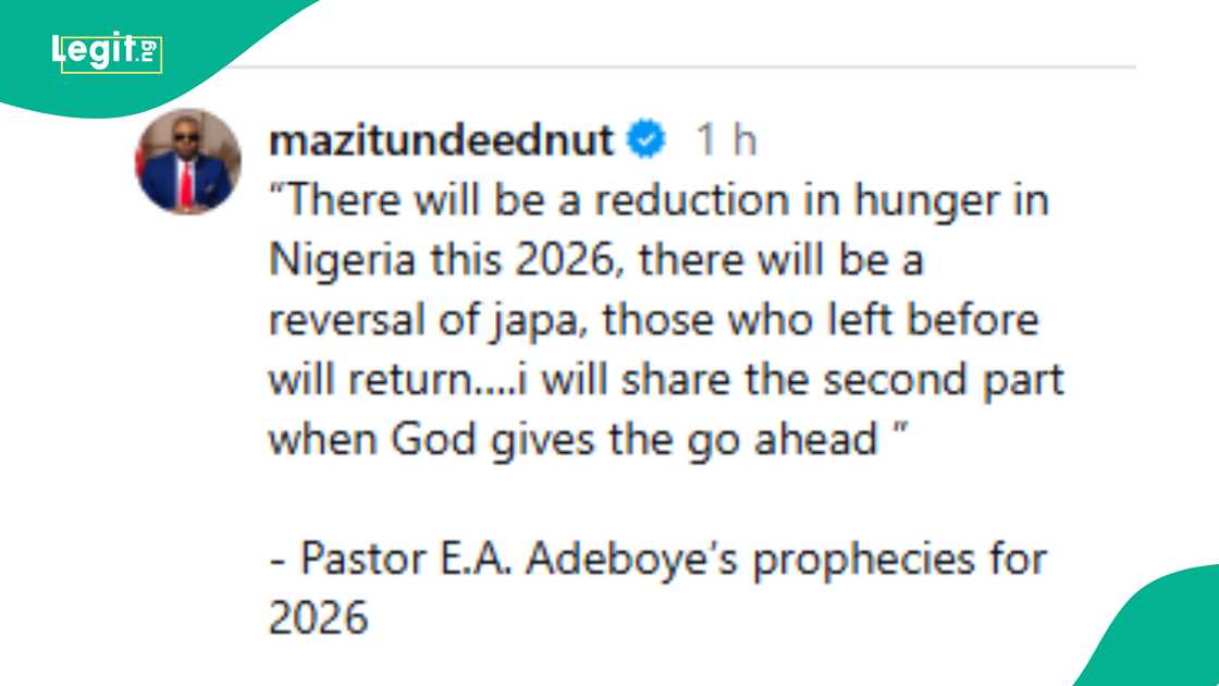Tunde Ednut shares opinion after Pastor Adeboye's prophetic declaration for 2026. Tunde Ednut shares opinion after Pastor Adeboye's prophetic declaration for 2026.