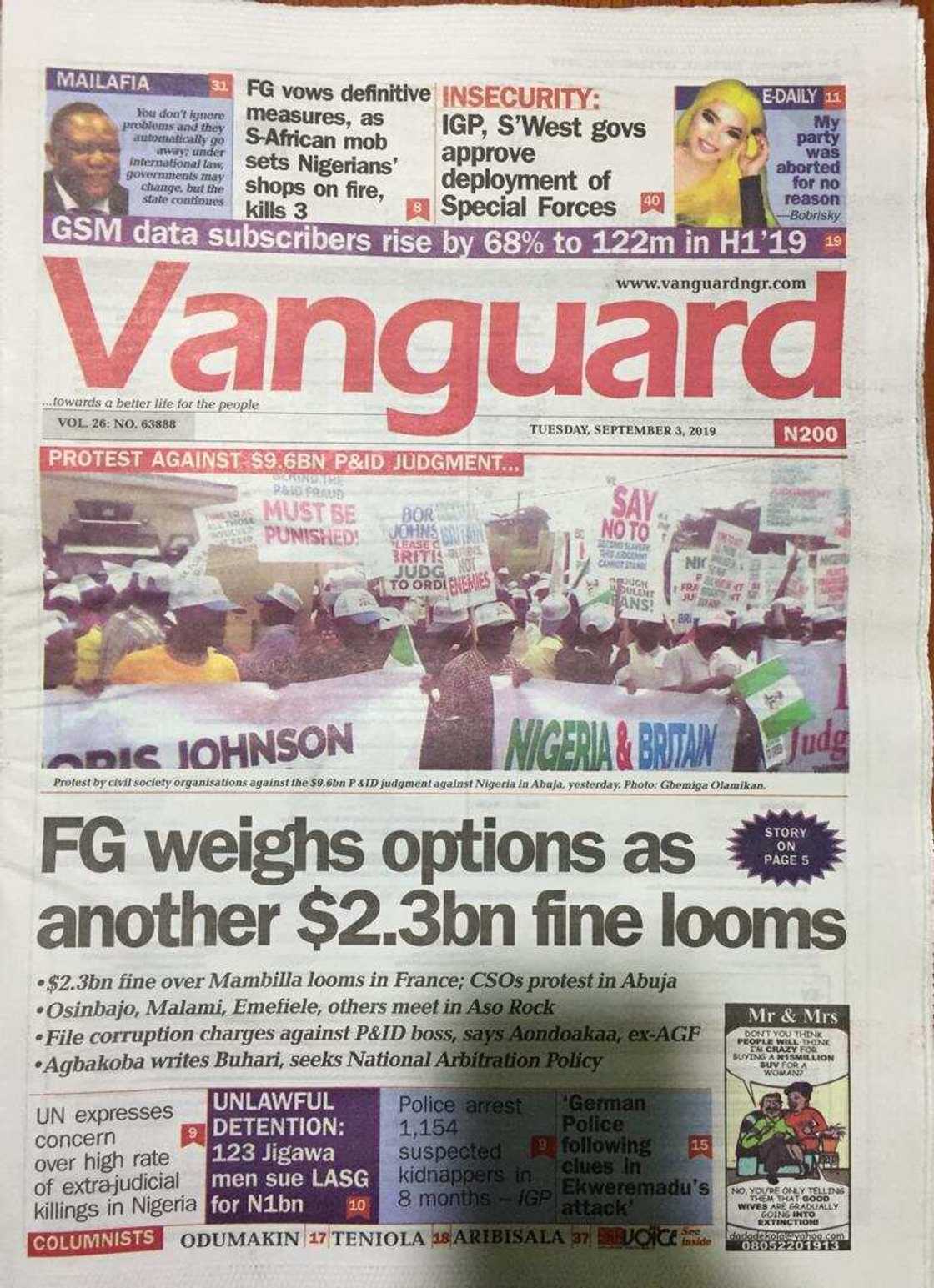 Nigerian newspaper review for Tuesday, September 3: FG weighs options as another $2.3bn fine looms Nigerian newspaper review for Tuesday, September 3: FG weighs options as another $2.3bn fine looms