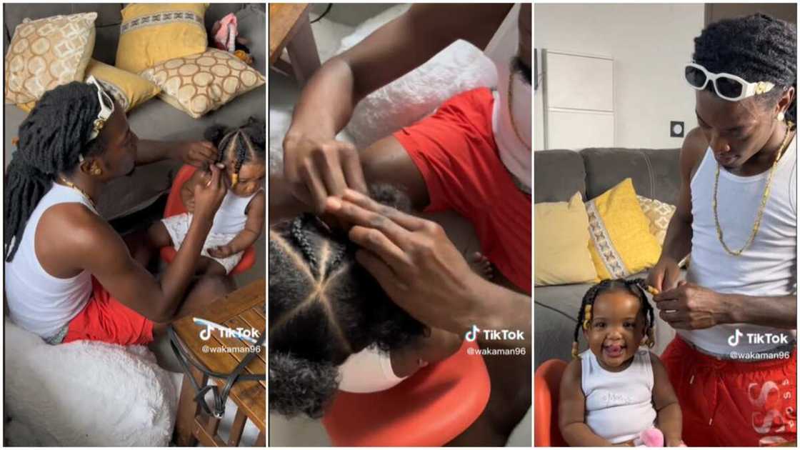 Daddy showed baby attention/man plaited kid's hair. Daddy showed baby attention/man plaited kid's hair.