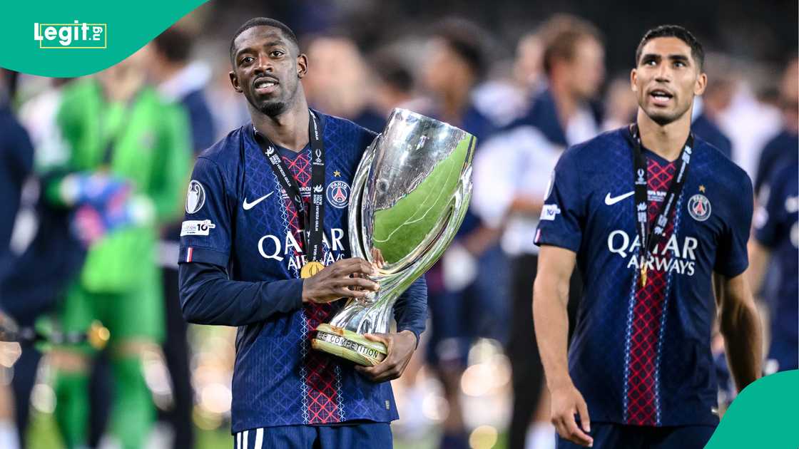 Ousmane Dembele, Achraf Hakimi, Paris Saint-Germain, Tottenham Hotspur, Stadio Friuli, Udine, Italy, UEFA Super Cup. Ousmane Dembele, Achraf Hakimi, Paris Saint-Germain, Tottenham Hotspur, Stadio Friuli, Udine, Italy, UEFA Super Cup.