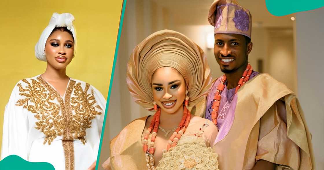 Yetunde Barnabas poses against a yellow background. She poses with her husband during their traditional wedding event.