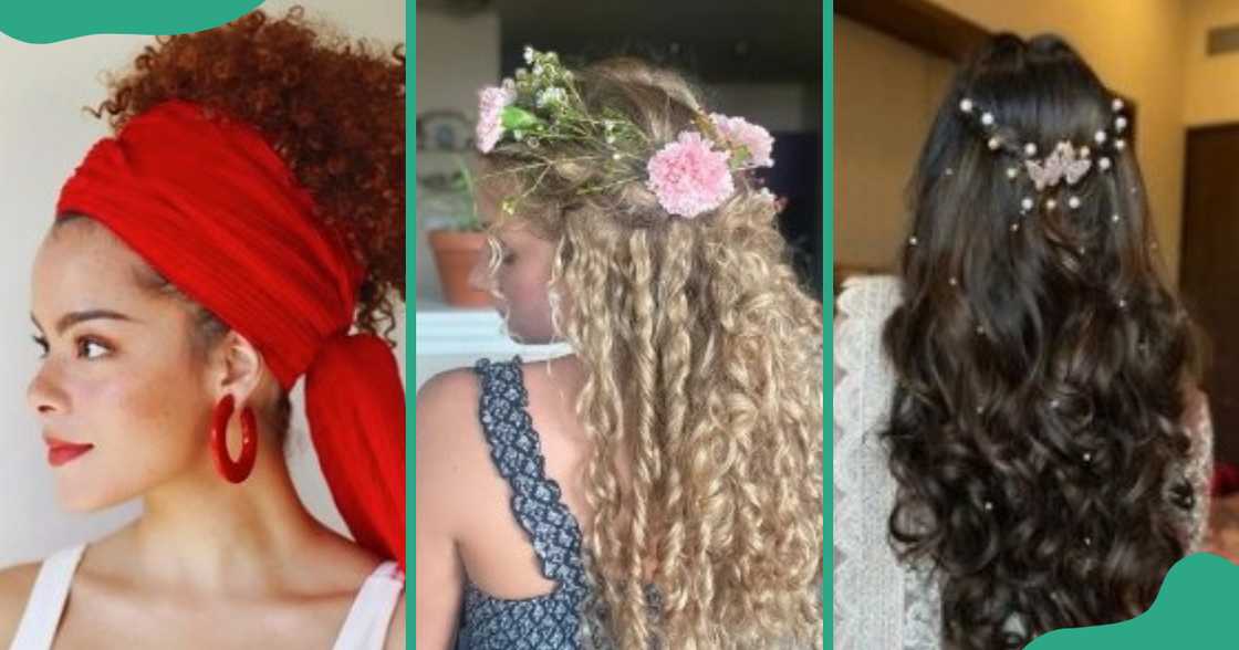 Accessorised curls with pearl clips and floral pins. Accessorised curls with pearl clips and floral pins.