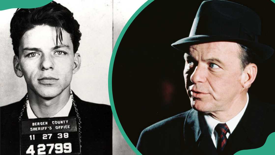 Frank Sinatra's mugshot (L). The histrion  successful  a achromatic  chapeau  and achromatic  overcoat (R)