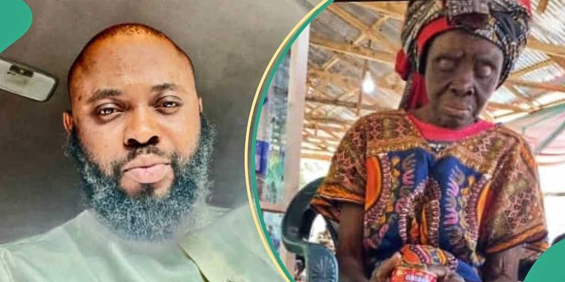 Elderly woman gifts man cash, tomatoes Elderly woman gifts man cash, tomatoes