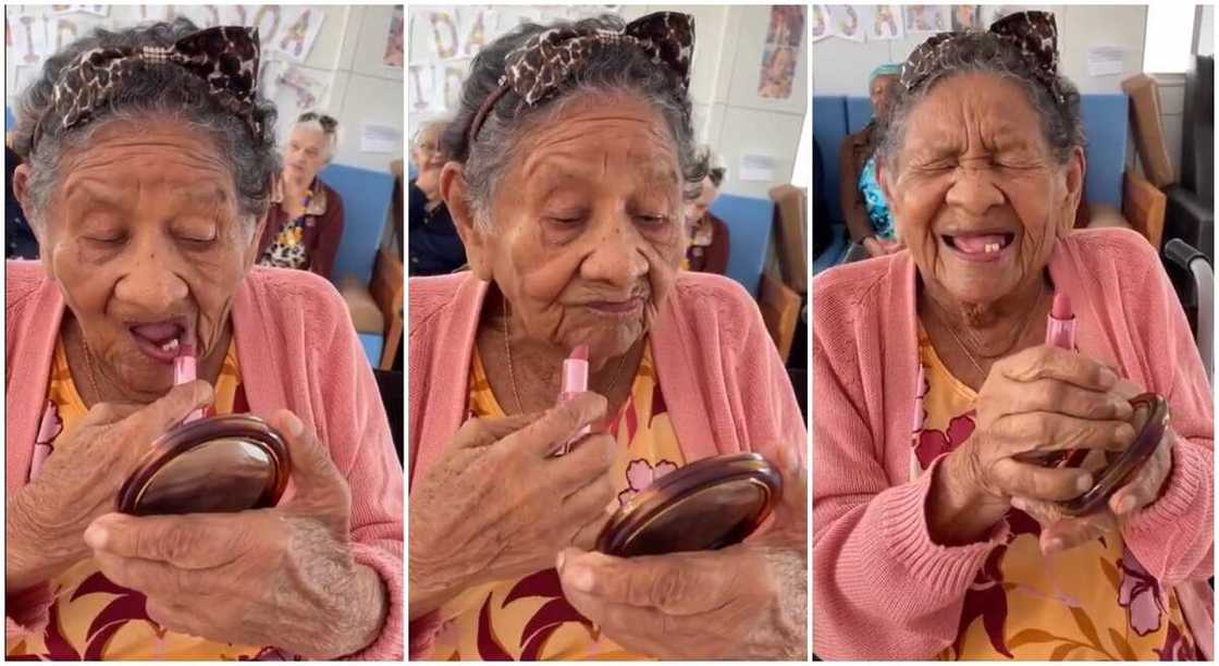 Photos of an old woman applying pink make-up on her lips. Photos of an old woman applying pink make-up on her lips.