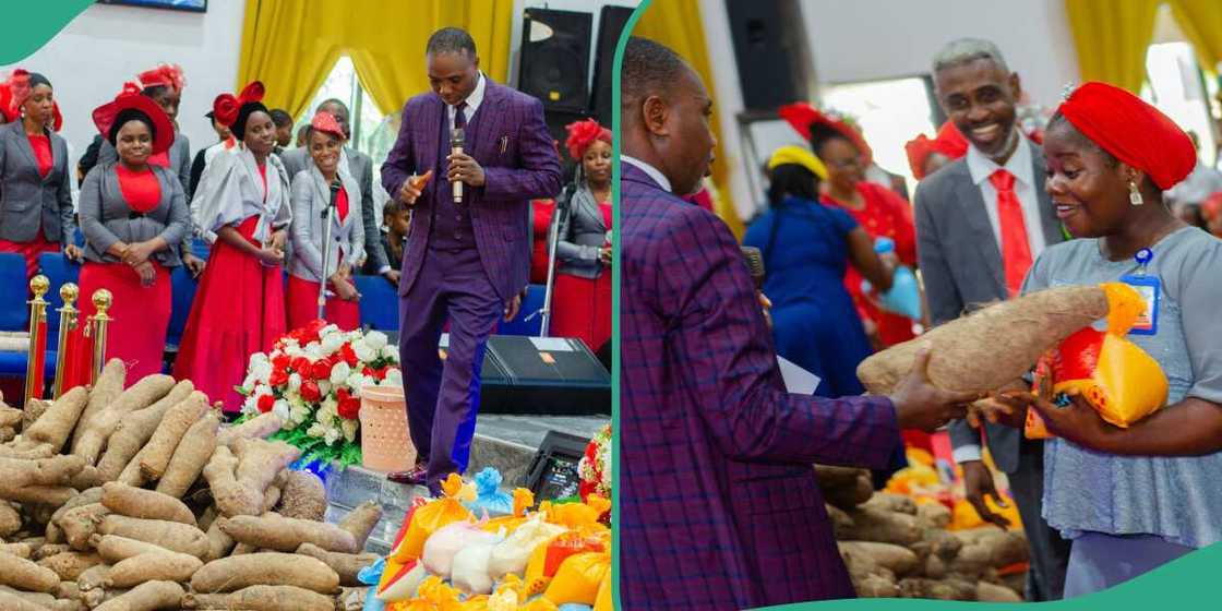 Pastor Usman Samson distributes bags of rice and yams among members