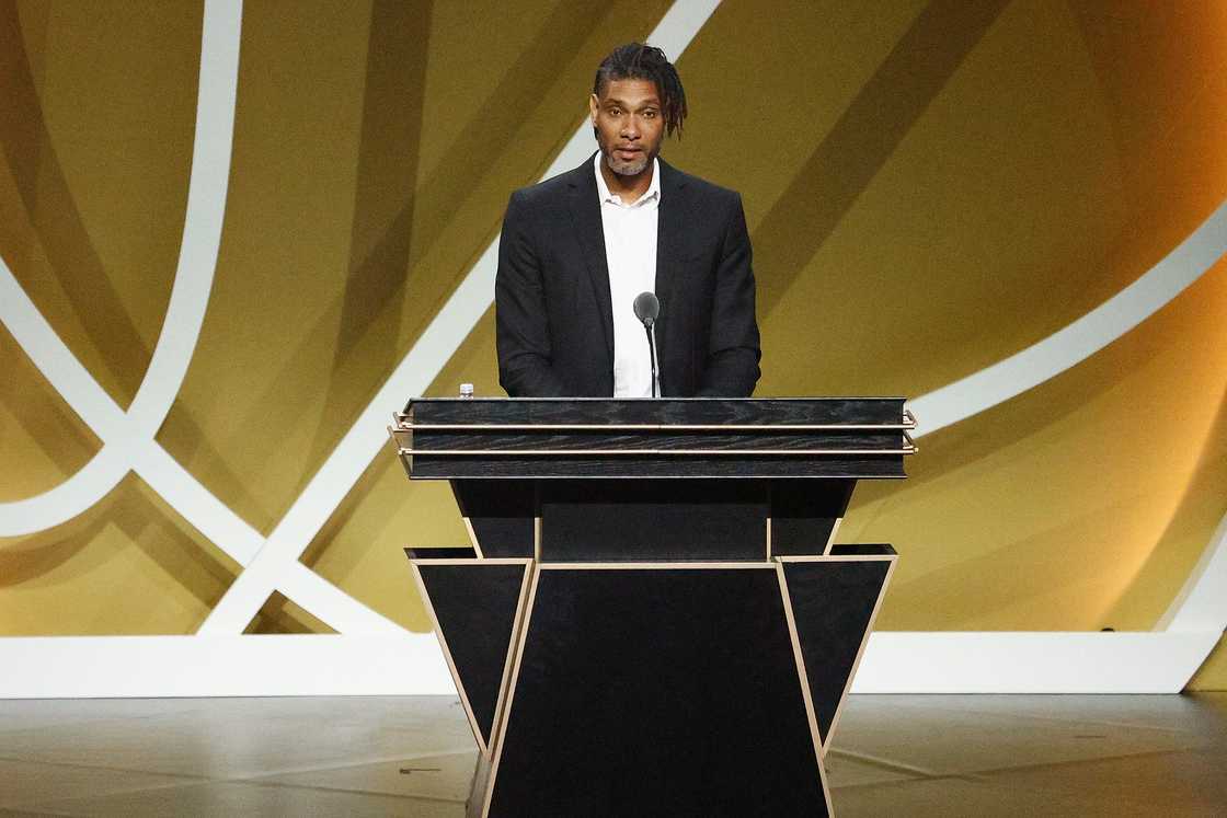 Tim Duncan speaks on-stage during the 2021 Basketball Hall of Fame Enshrinement Ceremony at Mohegan Sun Arena in Uncasville, Connecticut.