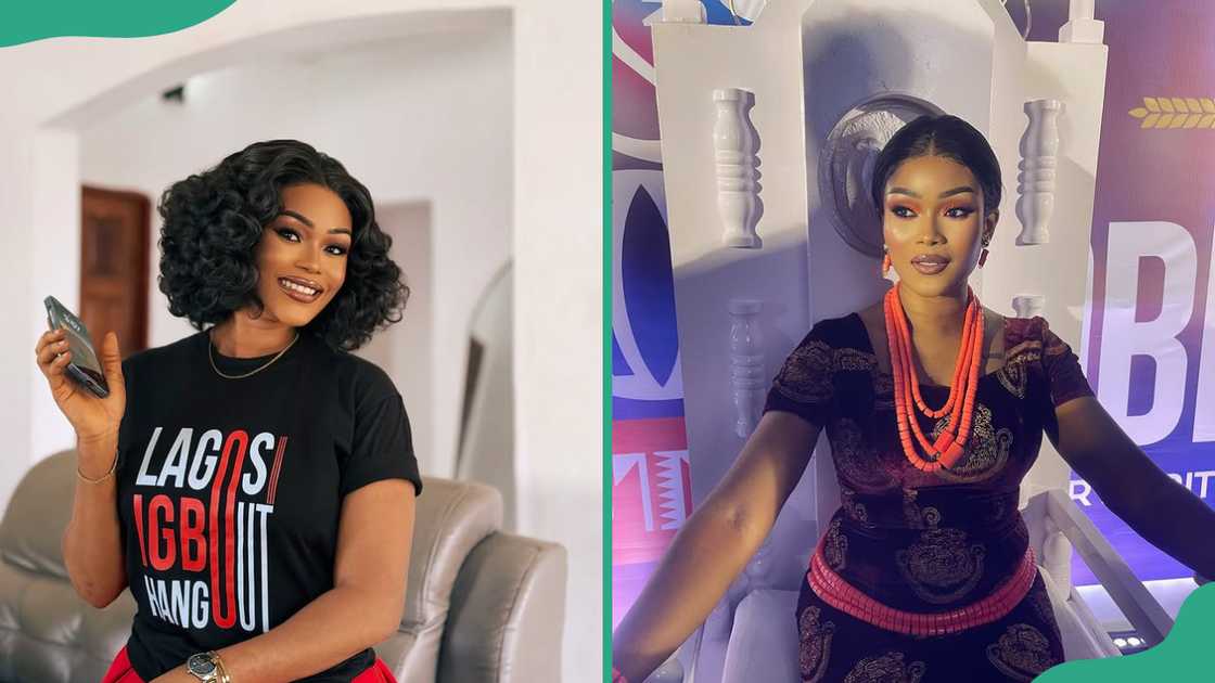 Aunty Ada smiles as she holds a phone (L). The influencer dressed in a Nigerian traditional attire (R). Aunty Ada smiles as she holds a phone (L). The influencer dressed in a Nigerian traditional attire (R).