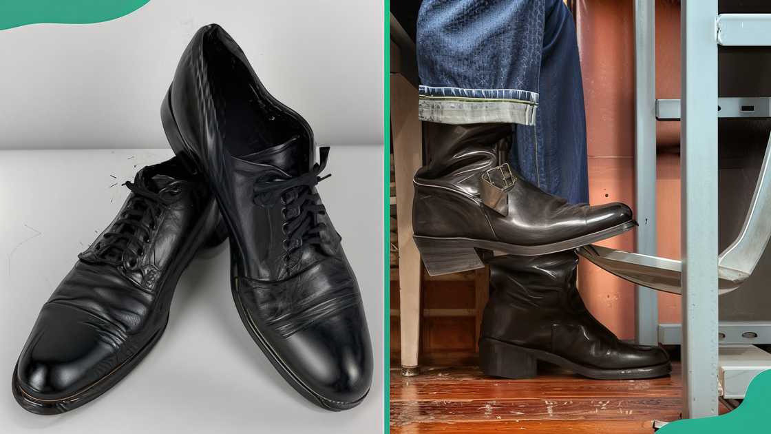 Work boots or black leather shoes Work boots or black leather shoes