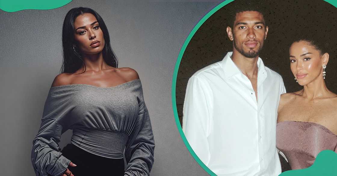 Ashlyn Castro poses against a grey background. The model poses next to her boyfriend, Jude Bellingham.