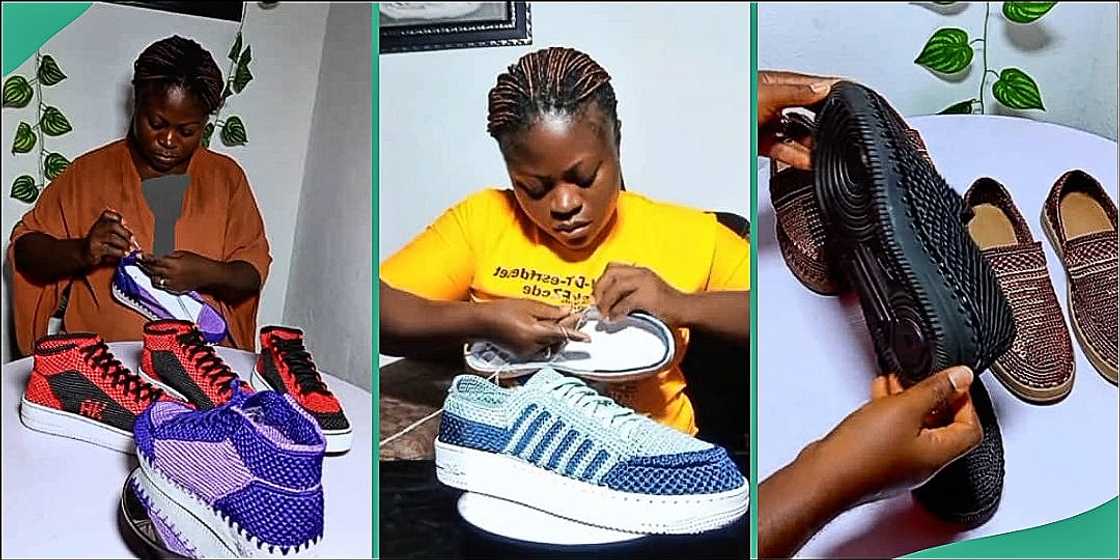 Lady makes fine footwears with wool Lady makes fine footwears with wool