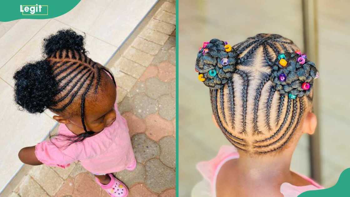 Cornrows into double bun: Fluffy styled (L) and beaded styled (R) Cornrows into double bun: Fluffy styled (L) and beaded styled (R)