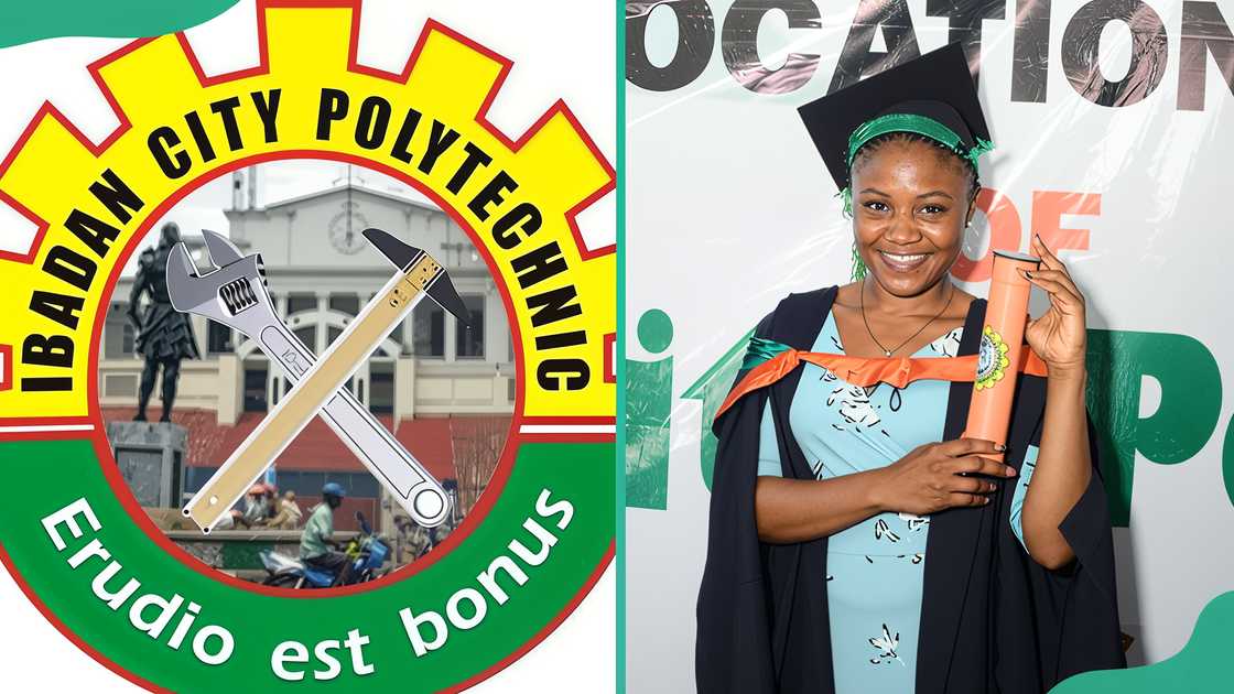 Ibadan City Polytechnic logo (L) and student posing on graduation day (R)