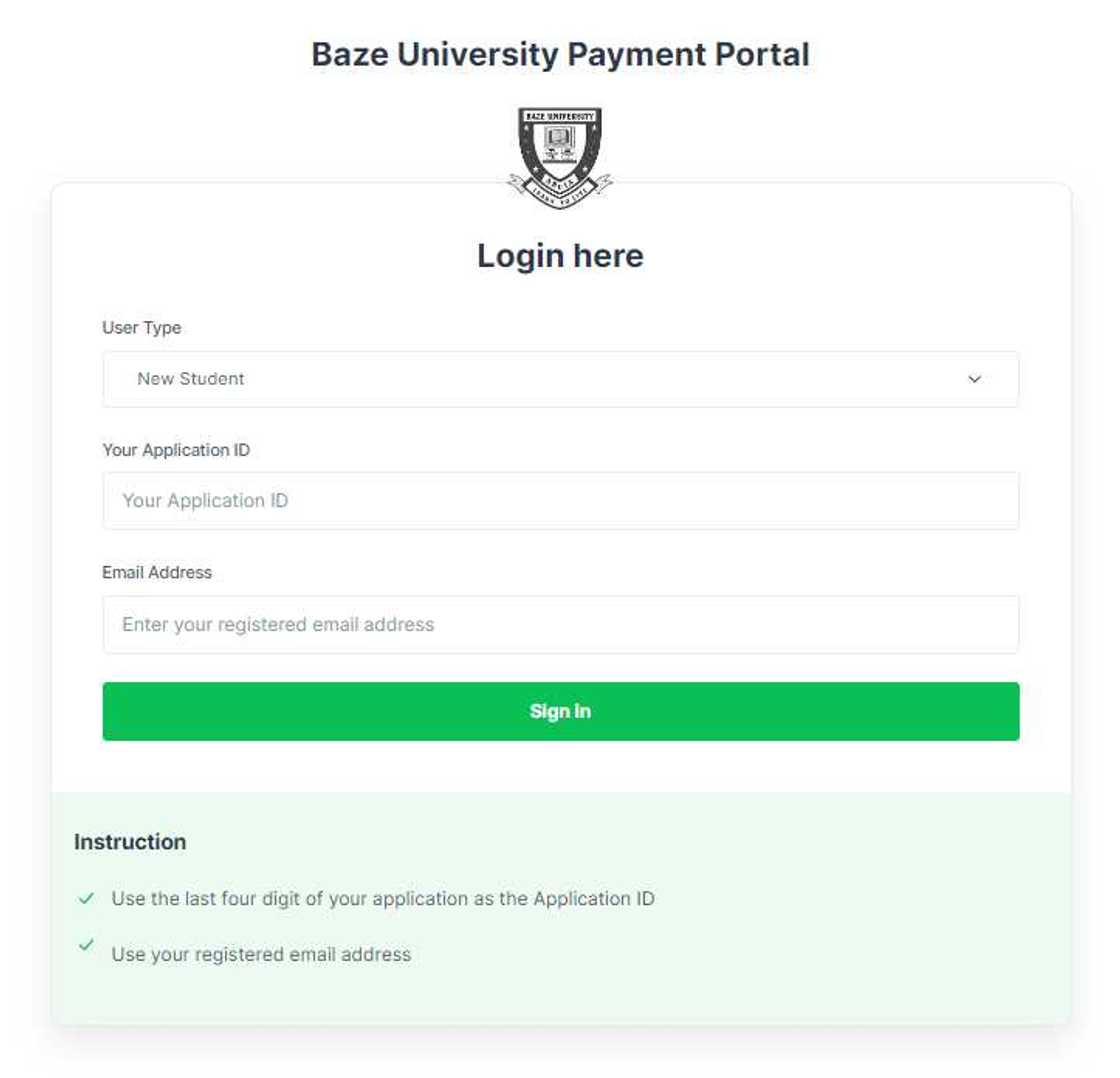 A screenshot of the Baze University fee payment portal