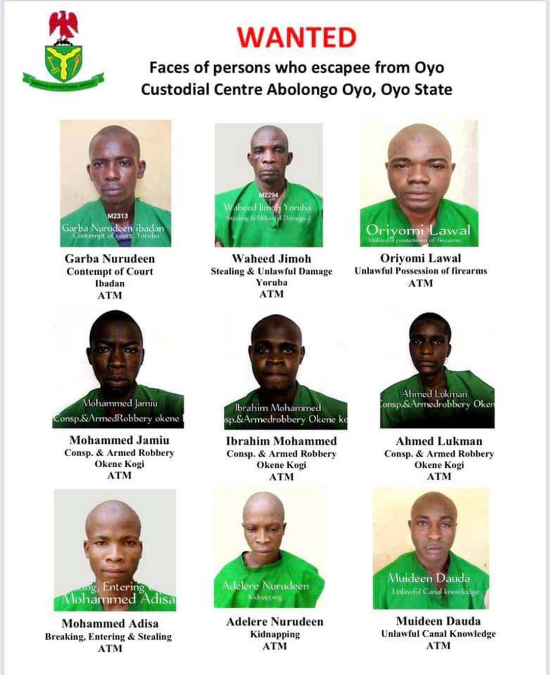 FG releases names, pictures of escaped inmates from Oyo prison FG releases names, pictures of escaped inmates from Oyo prison