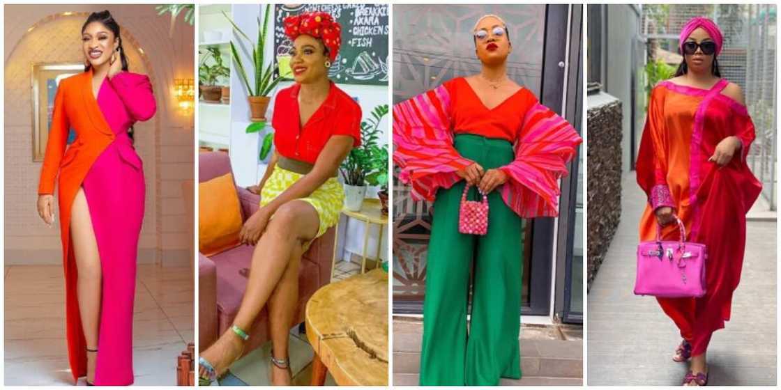 Nigerian fashionistas in bright coloured outfits.