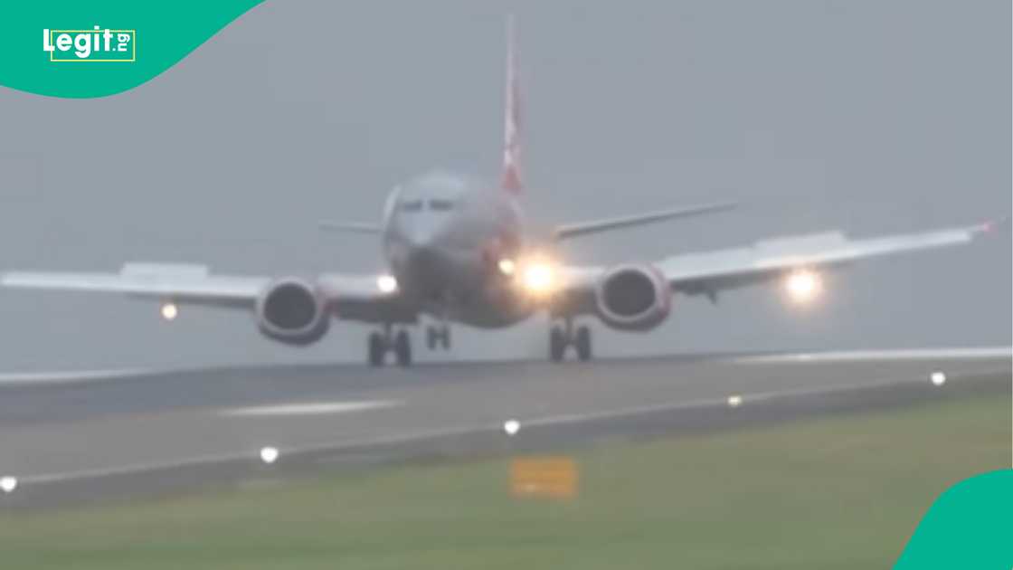 Plane sways sideways during landing at airport. Plane sways sideways during landing at airport.