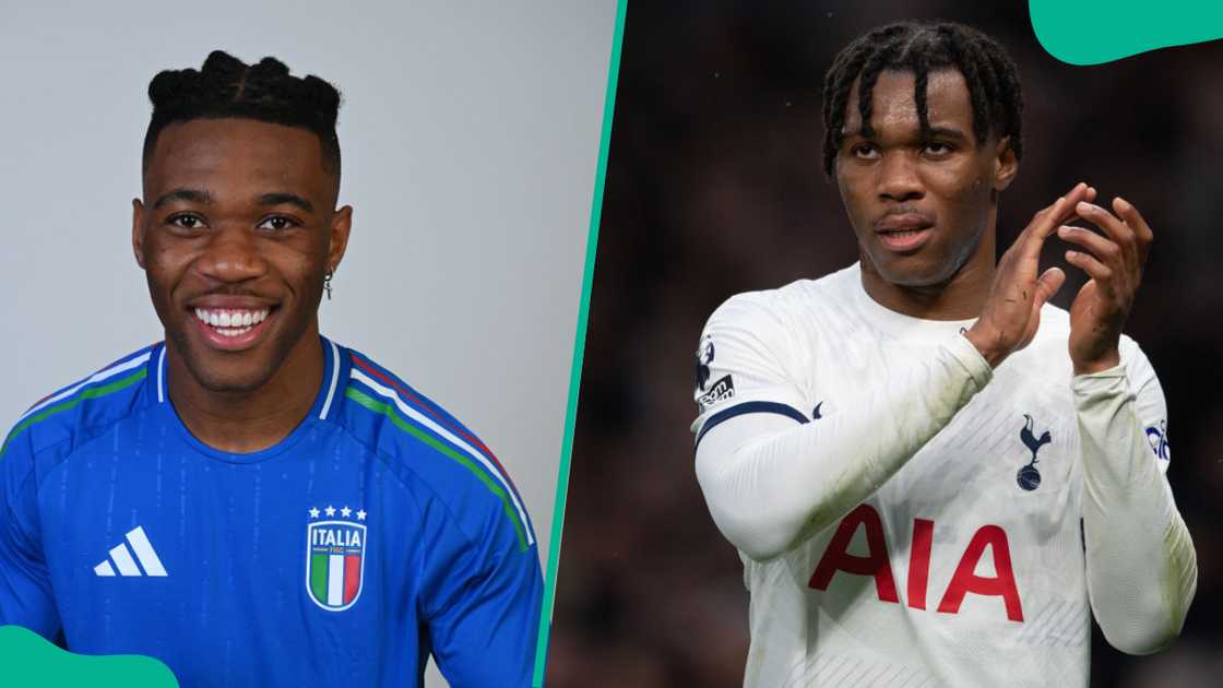 Destiny Udogie representing his country Italy (L). He reacts to fans during a Premier League game (R)