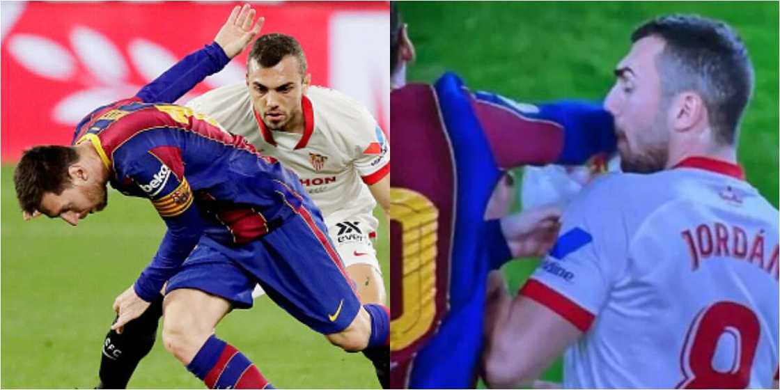 Messi involved in another off-the-ball incident which Sevilla star Joan Jordan during Barcelona's Copa del Rey loss