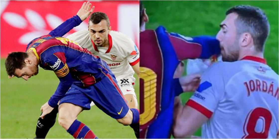 Messi involved in another off-the-ball incident which Sevilla star Joan Jordan during Barcelona's Copa del Rey loss Messi involved in another off-the-ball incident which Sevilla star Joan Jordan during Barcelona's Copa del Rey loss