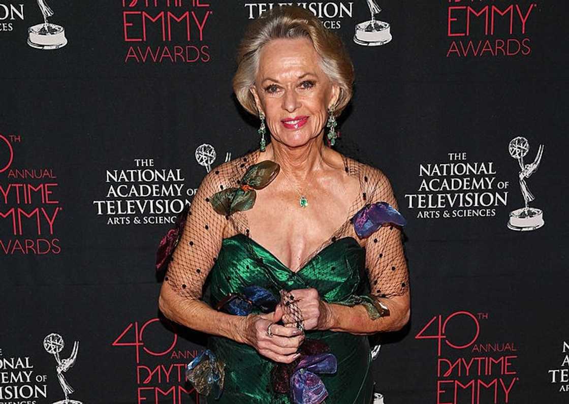 Actress Tippi Hedren poses in a laced emerald green gown at Westin Bonaventure Hotel