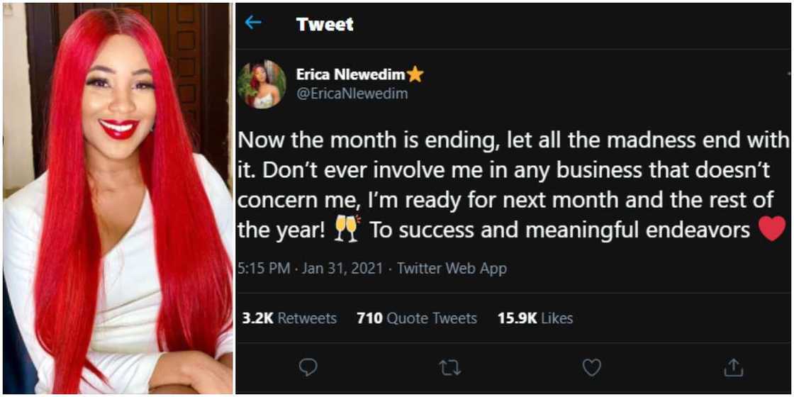 Don't ever involve me in business that does not concern me, BBNaija's Erica warns as new month begins