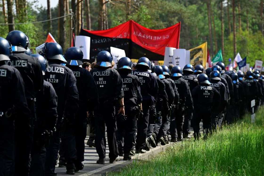 Police were out in force on Saturday as some protesters tried to get into the factory the day before Police were out in force on Saturday as some protesters tried to get into the factory the day before