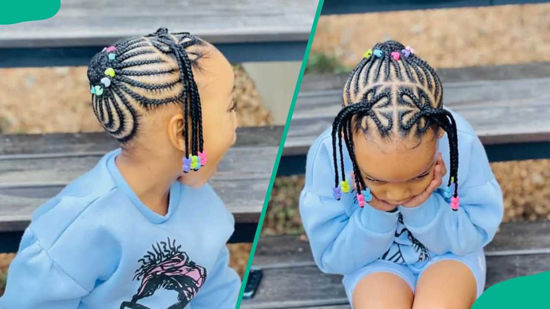 A girl wearing Updo cornrows with colored beads A girl wearing Updo cornrows with colored beads