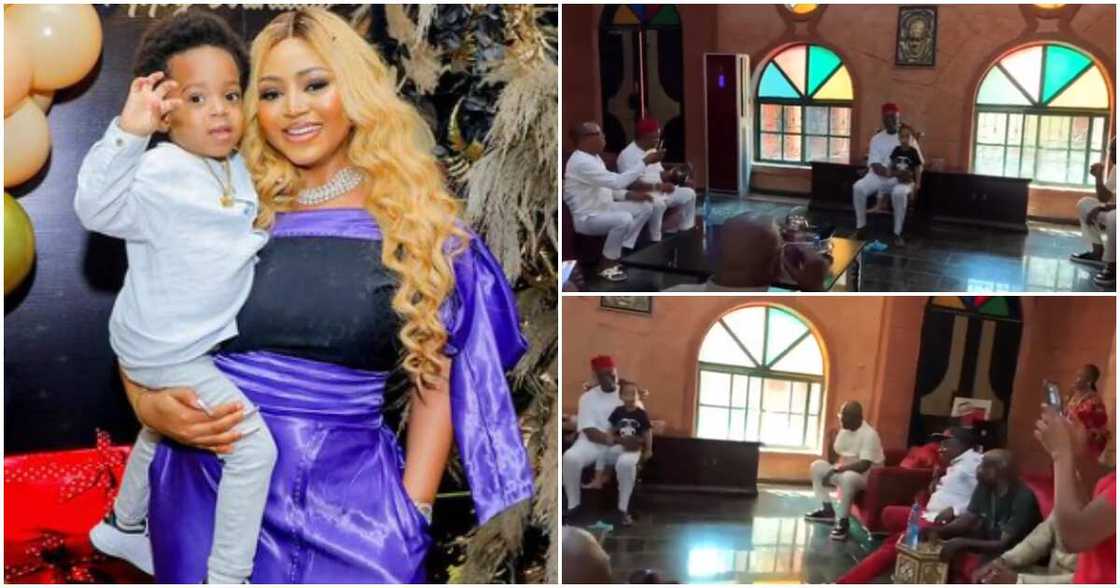 Cute video of Regina Daniels' son greeting PDP chairmen during meeting. Cute video of Regina Daniels' son greeting PDP chairmen during meeting.