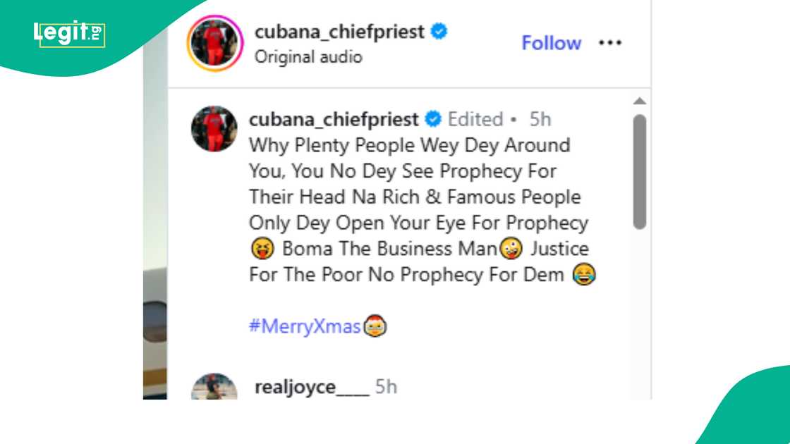 Cubana Chiefpriest claims Prophet Abel Boma only focuses on the rich and famous. Cubana Chiefpriest claims Prophet Abel Boma only focuses on the rich and famous.