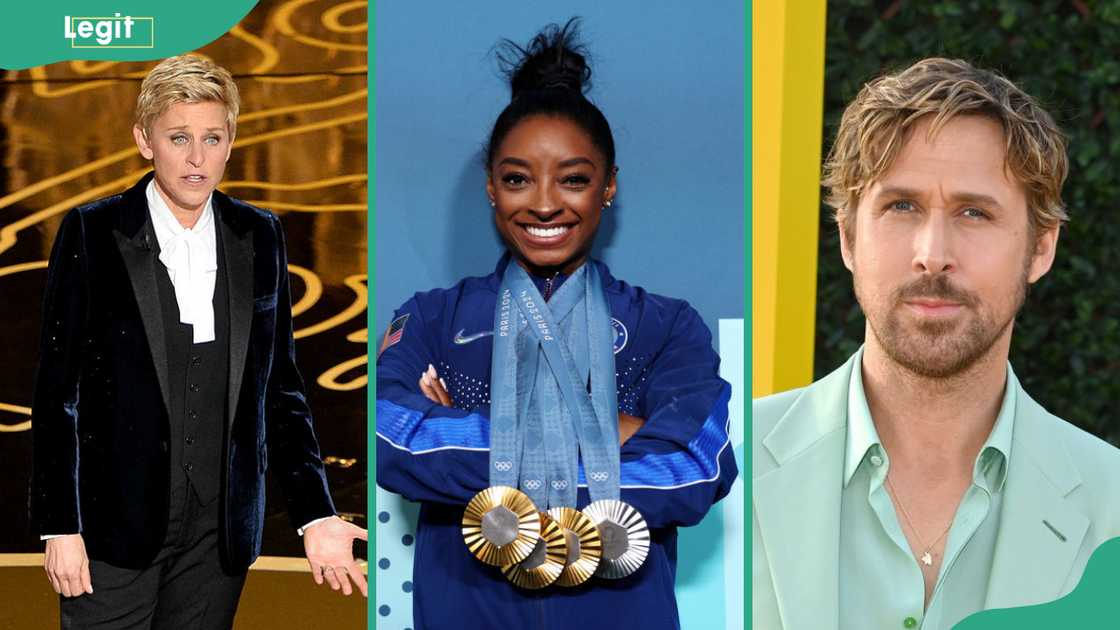 Ellen DeGeneres (L), Simone Biles (C), and Ryan Gosling (R)