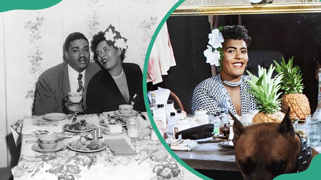 Louis McKay and his then-wife Billie Holiday sitting at a table (L). The Jazz legend smiling with a flower on her head (R)