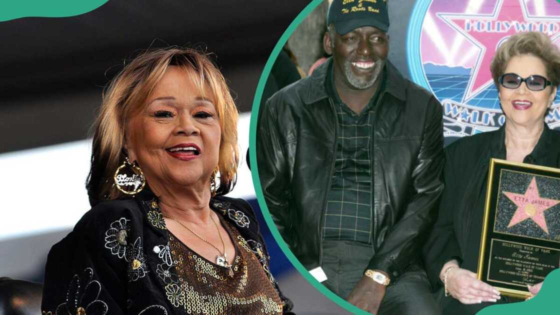 Singer Etta James Band performing live at the New Orleans Jazz & Heritage Festival (L). Etta James & Husband posing for a photo sitting on red sits at Hollywood Boulevard in Hollywood, California, United States (R). Singer Etta James Band performing live at the New Orleans Jazz & Heritage Festival (L). Etta James & Husband posing for a photo sitting on red sits at Hollywood Boulevard in Hollywood, California, United States (R).