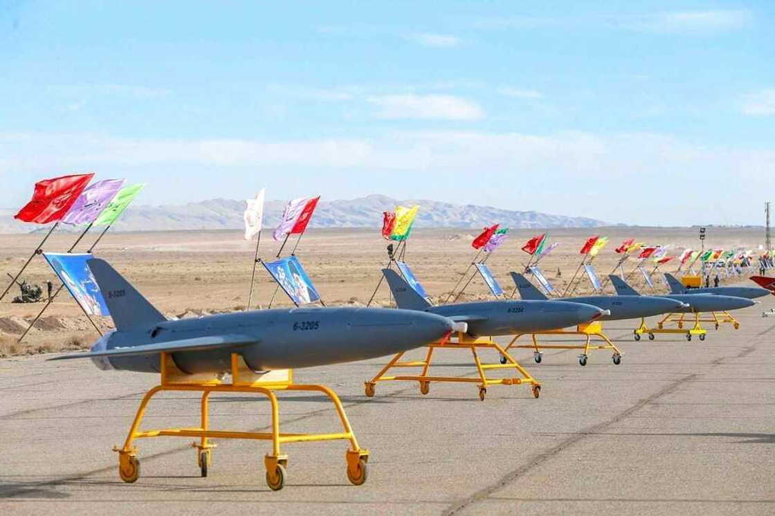 Iranian drones on display prior to a military drill at an undisclosed location in central Iran in 2021. The United States says Iran is planning to supply "hundreds" of drones or unmanned aerial vehicles to Russia for the war in Ukraine. Iranian drones on display prior to a military drill at an undisclosed location in central Iran in 2021. The United States says Iran is planning to supply "hundreds" of drones or unmanned aerial vehicles to Russia for the war in Ukraine.