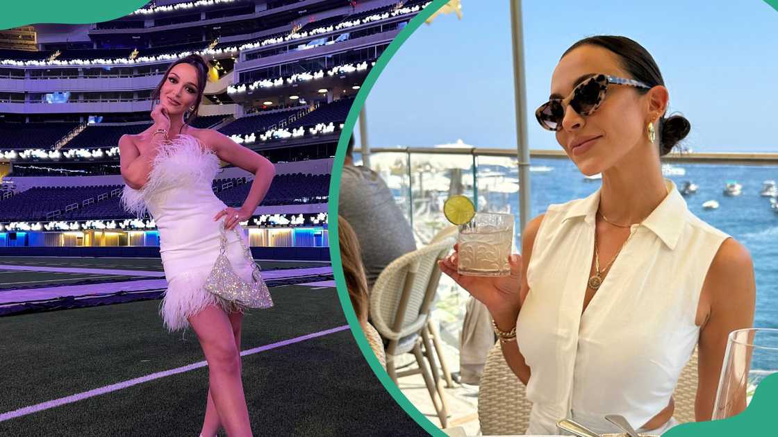 Farrah Brittany posing on a football field (L). The realtor smiling while holding a drink in an outdoor dining area (R)