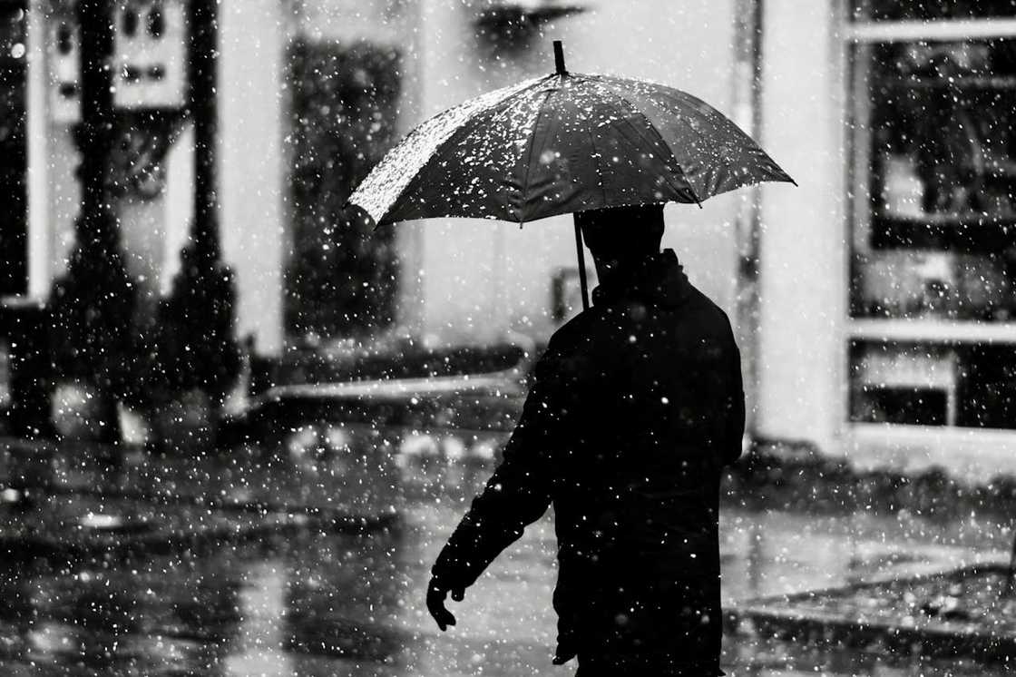 A person walking under an umbrella during heavy rain.
