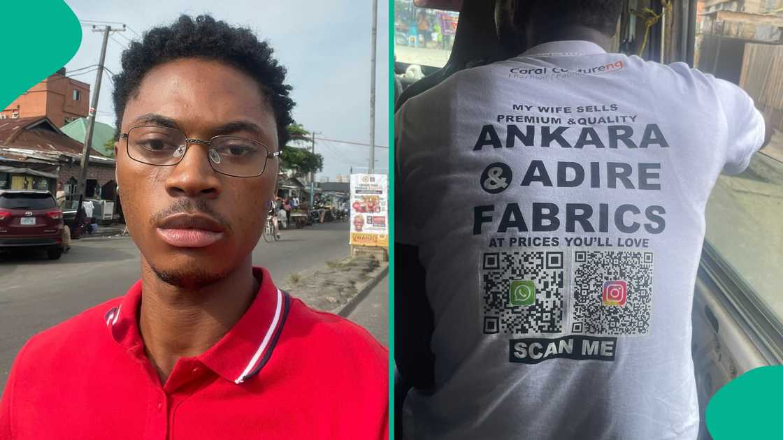 Man expresses amazement after reading the inscription on a bus passenger's shirt.