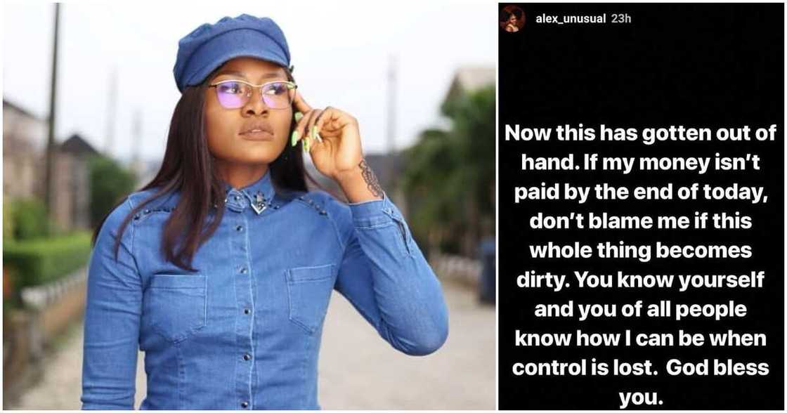 BBNaija's Alex Unusual blows hot as she calls out debtor (screenshot) BBNaija's Alex Unusual blows hot as she calls out debtor (screenshot)