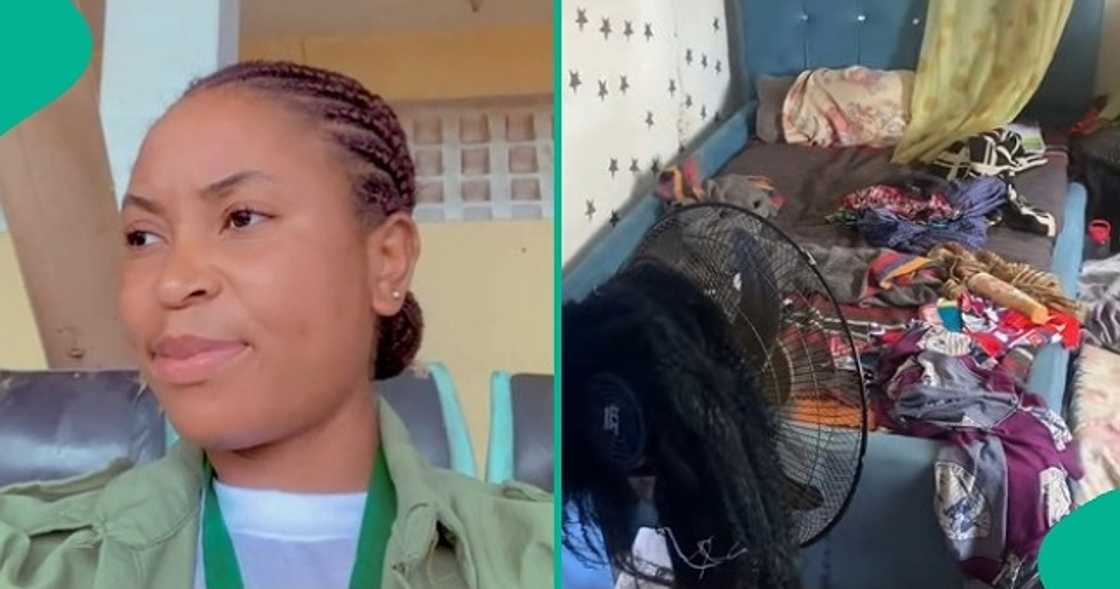 Lady who travelled for NYSC programme returns home to meet a messy room. Lady who travelled for NYSC programme returns home to meet a messy room.