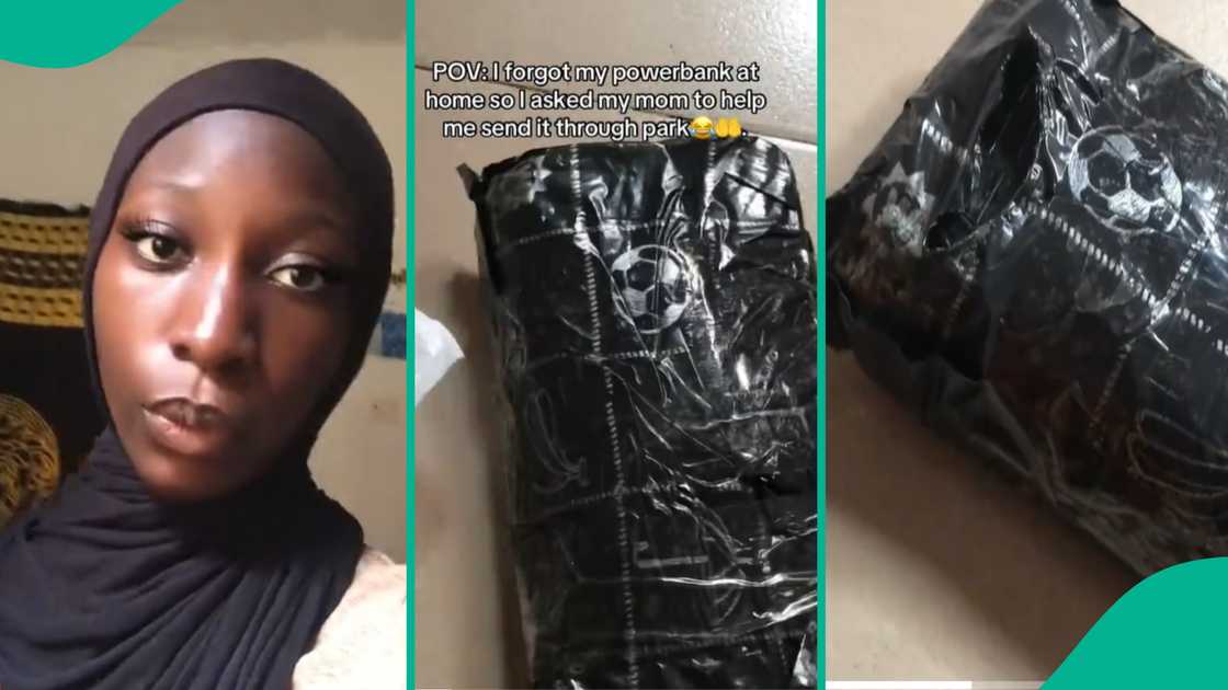 Lady shows package her mother sent to her from the house. Lady shows package her mother sent to her from the house.