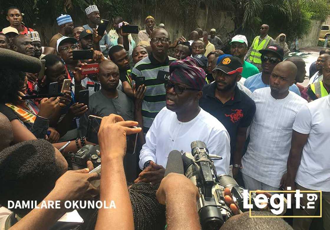 Sanwo-Olu speaking with journalists in Lagos