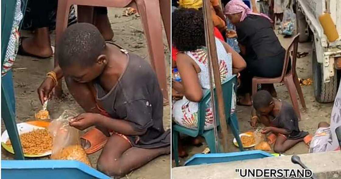 Little boy packs food in nylon, event Little boy packs food in nylon, event