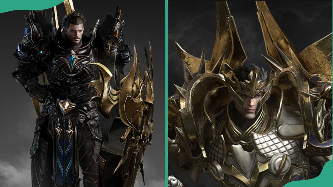 Gunlancer in dark armour and shield (L). Gunlancer in golden armour with shield (R). Gunlancer in dark armour and shield (L). Gunlancer in golden armour with shield (R).