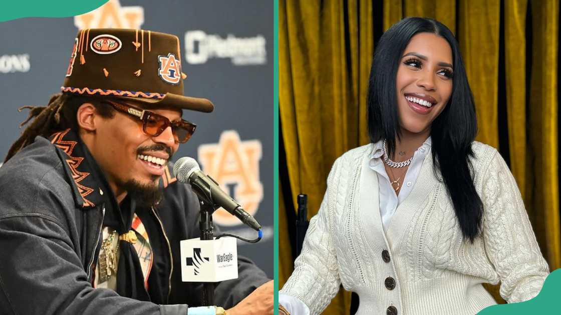 Cam Newton speaks at a press conference. Jasmin Brown poses for a photo