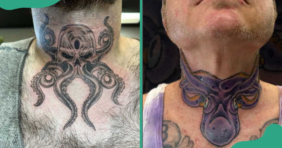Throat tattoos with a black and purple octopus design. Throat tattoos with a black and purple octopus design.