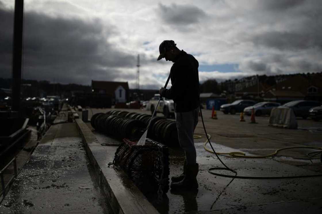 Deck hand Ben Hinchley cleans lobster pots before heading out to sea off Whitby Deck hand Ben Hinchley cleans lobster pots before heading out to sea off Whitby
