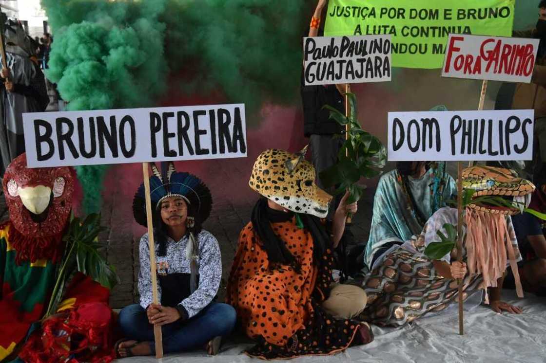 Guarani indigenous people and environmental activists protest in the wake of the killing of British journalist Dom Phillips and his guide Bruno Pereira in Sao Paulo, Brazil, on June 18, 2022 Guarani indigenous people and environmental activists protest in the wake of the killing of British journalist Dom Phillips and his guide Bruno Pereira in Sao Paulo, Brazil, on June 18, 2022