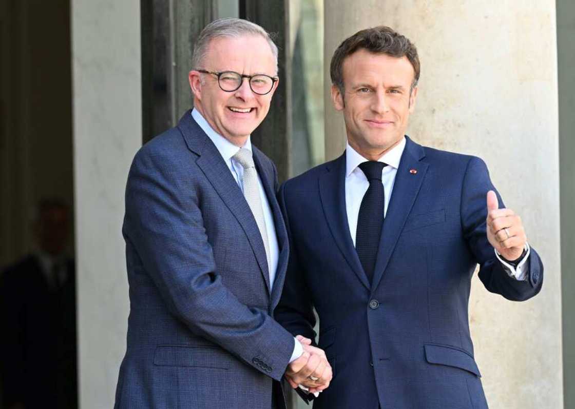 Australia's Prime Minister Anthony Albanese (l) spoke of a 'new start' in relations with France after greeting President Emmanuel Macron in Paris Australia's Prime Minister Anthony Albanese (l) spoke of a 'new start' in relations with France after greeting President Emmanuel Macron in Paris
